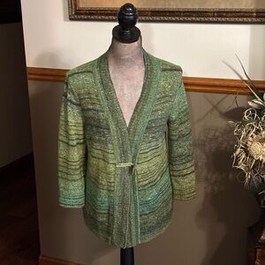 Christopher & Banks Green Striped Open Cardigan